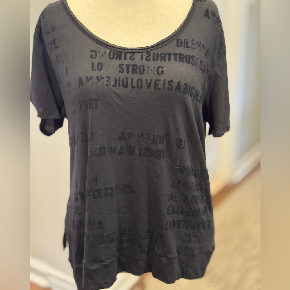 We The Free Black Short Sleeve Scoop Neck Tonal Text Tee